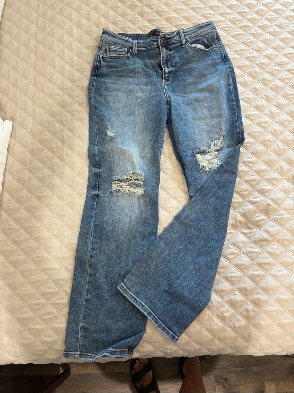 Judy Blue Distressed Flare Jeans - Classic Blue Wash